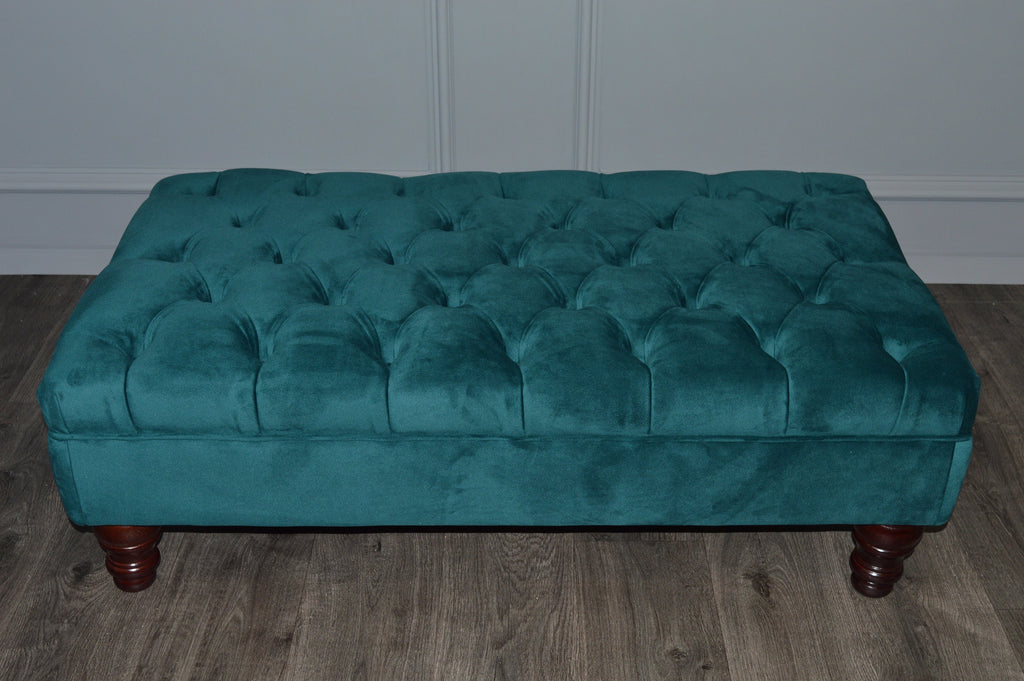 Chesterfield Deep Buttoned Footstool in Teal Velvet With Mahogany Turned Hard Wood Legs