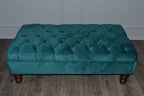 Chesterfield Deep Buttoned Footstool in Teal Velvet With Mahogany Turned Hard Wood Legs