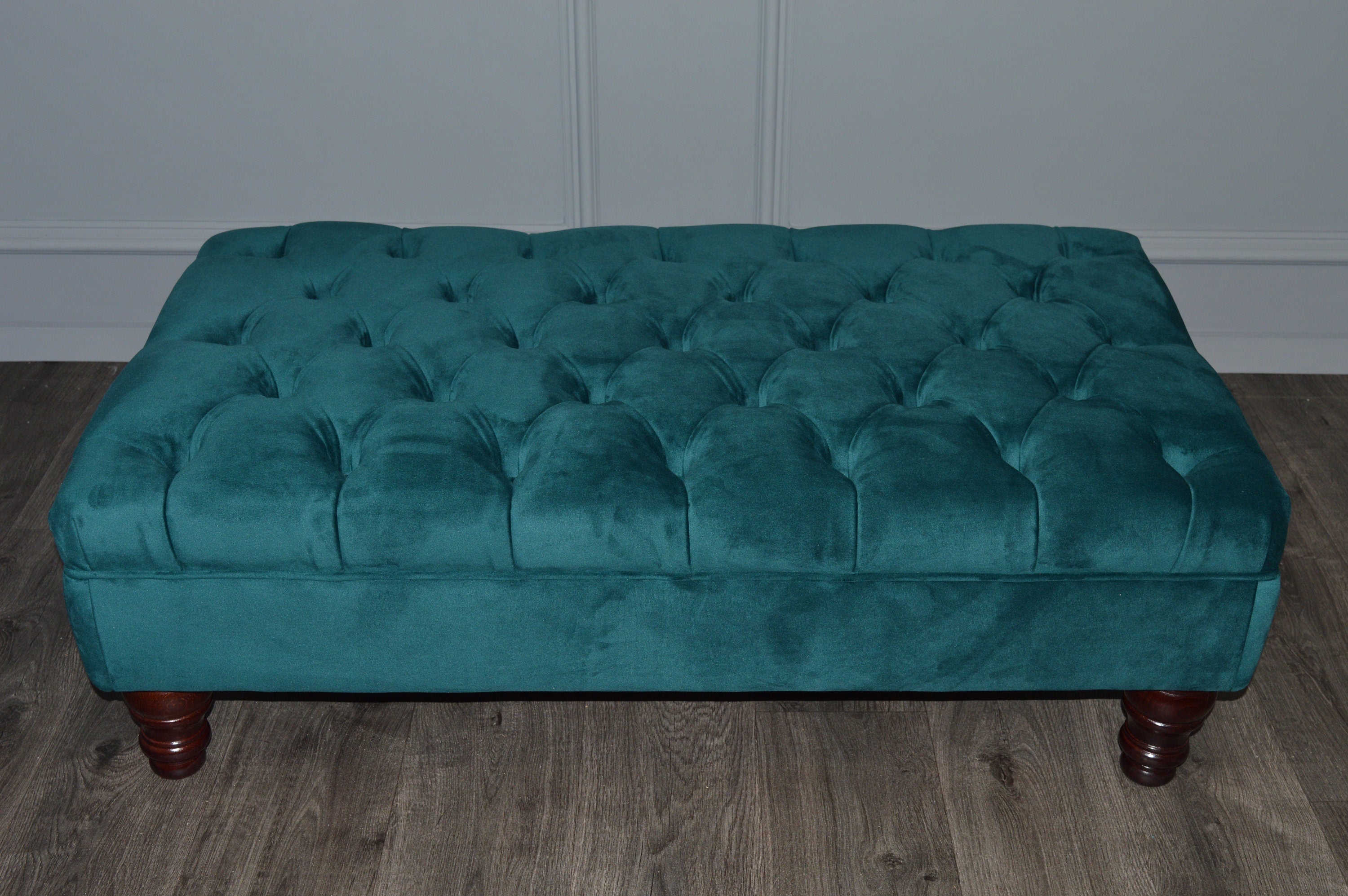 Chesterfield Deep Buttoned Footstool in Teal Velvet With Mahogany Turned Hard Wood Legs