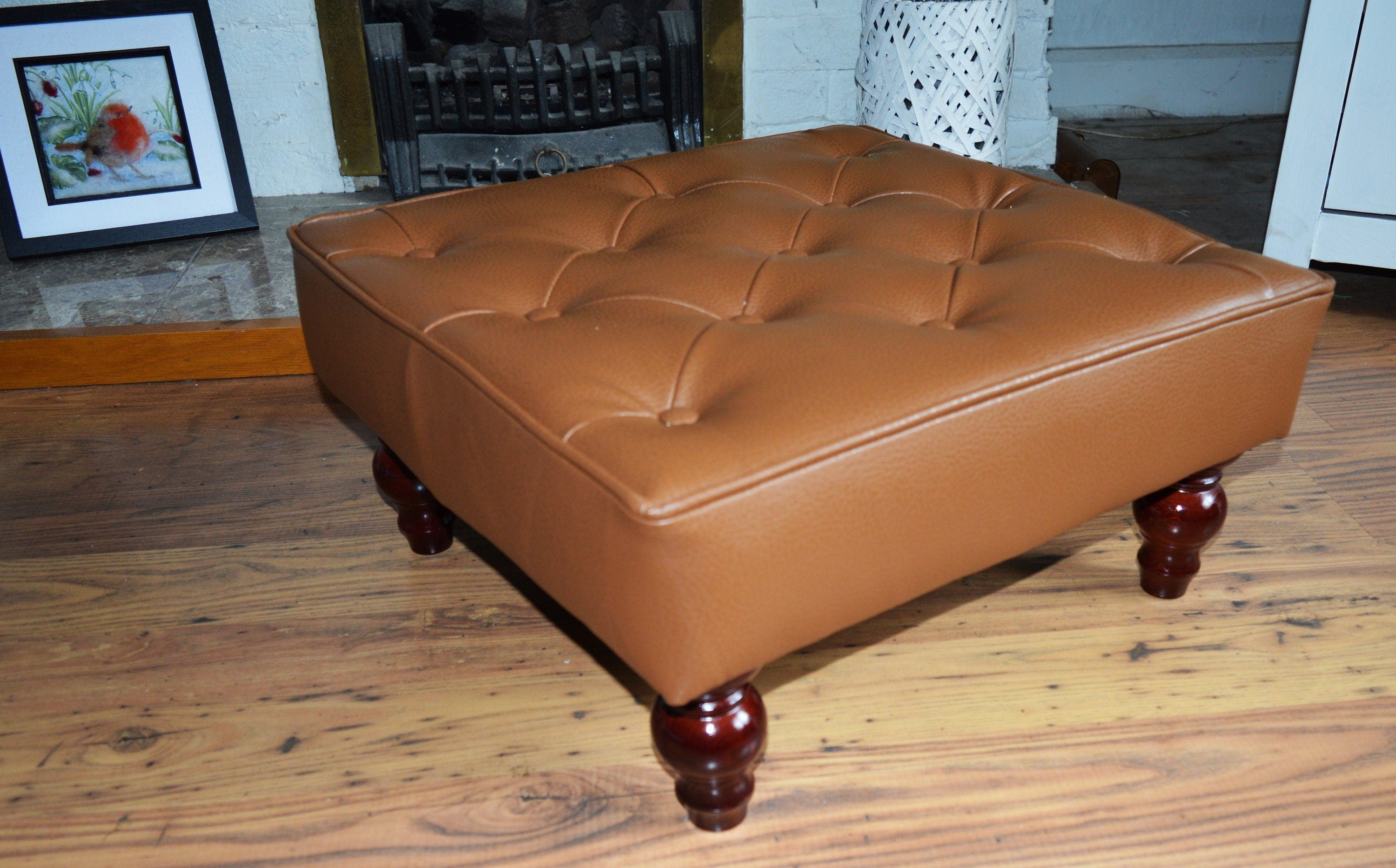 Buttoned and Piped Footstool Chesterfield Saddle Faux Leather With Hardwood Legs