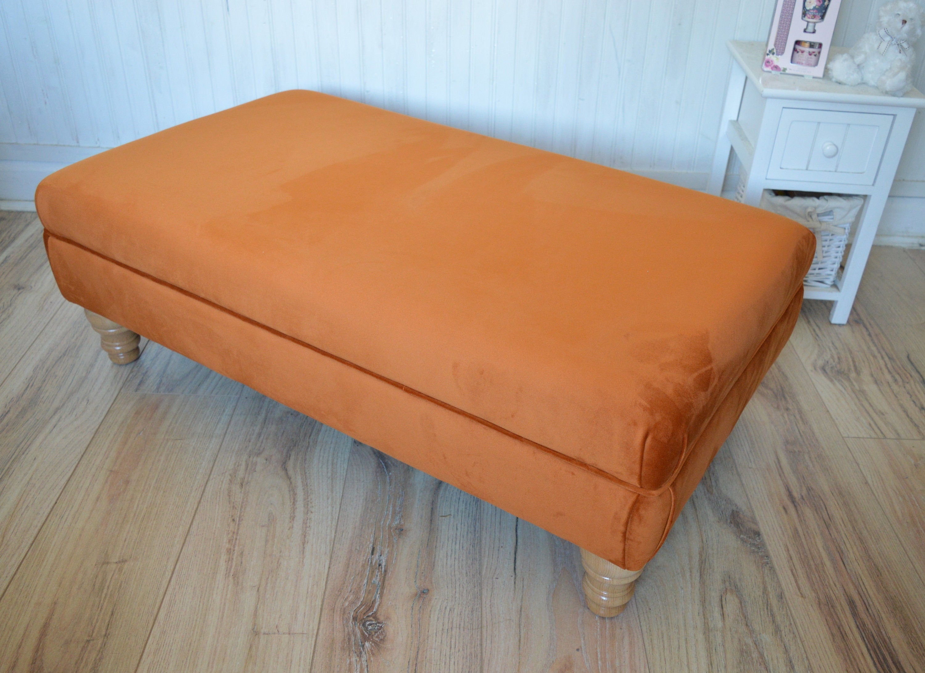 Flat Top Footstool With Piping Detail  in Burnt Orange Velvet With Oak Turned Hard Wood Legs