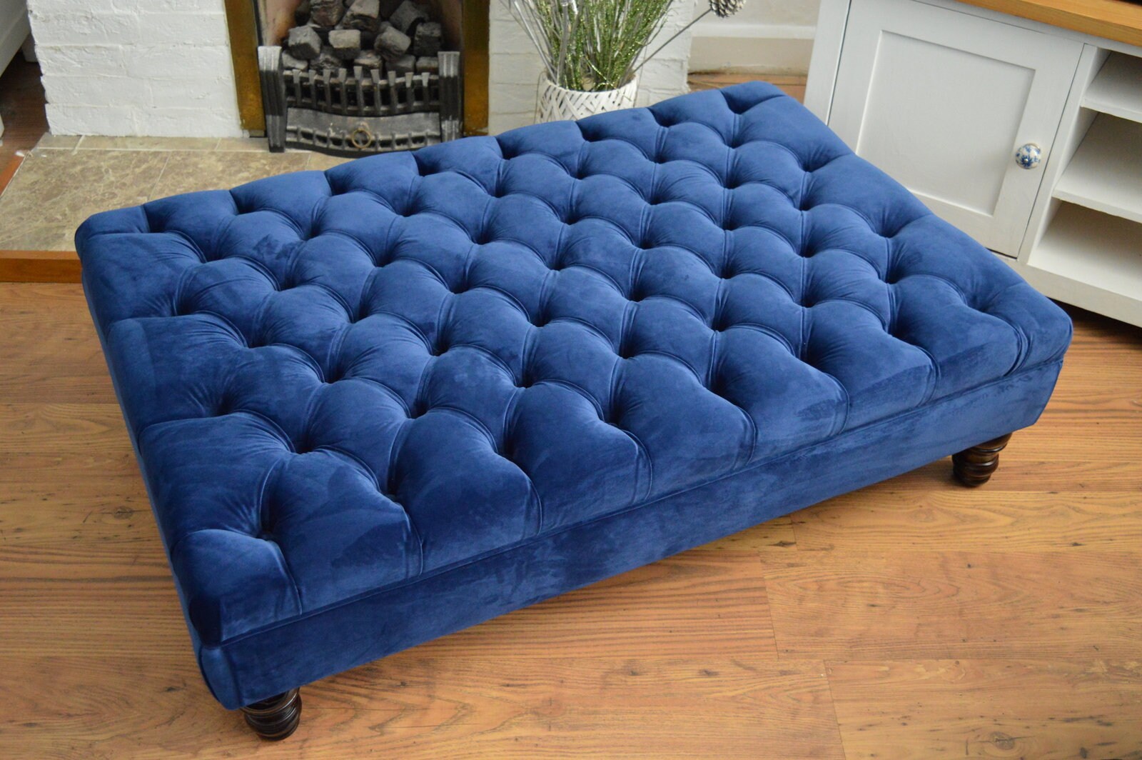 Chesterfield Extra Large Deep Buttoned Footstool in Royal Blue Velvet  With Turned Hardwood Legs