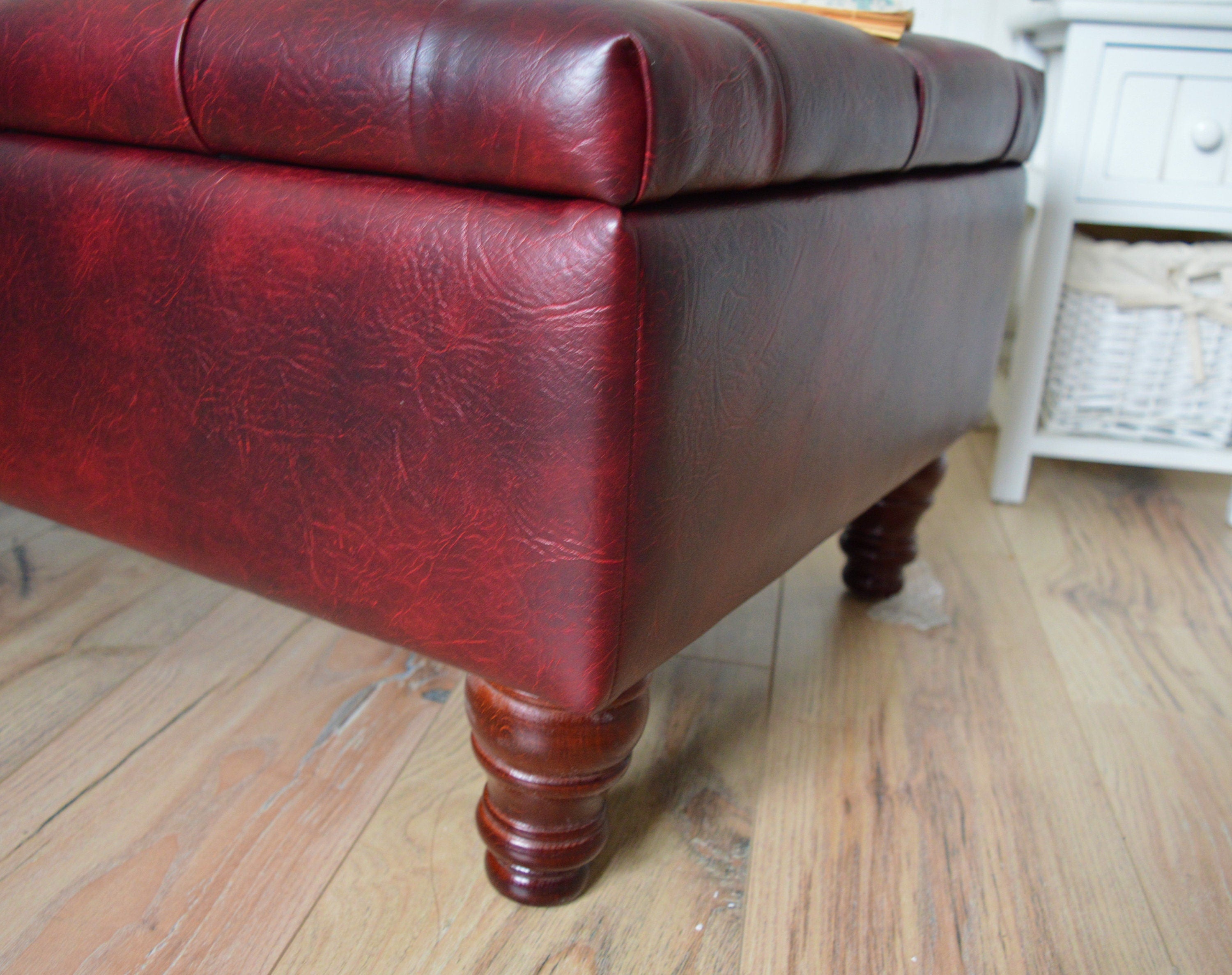 UK Made Chesterfield Deep Buttoned  Footstool With Storage in Premium Wine Faux Leather