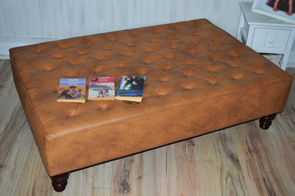 Chesterfield Extra Large Top Stitch Design Buttoned Footstool in Premium Tan Faux Leather With Mahogany Turned Hardwood Legs