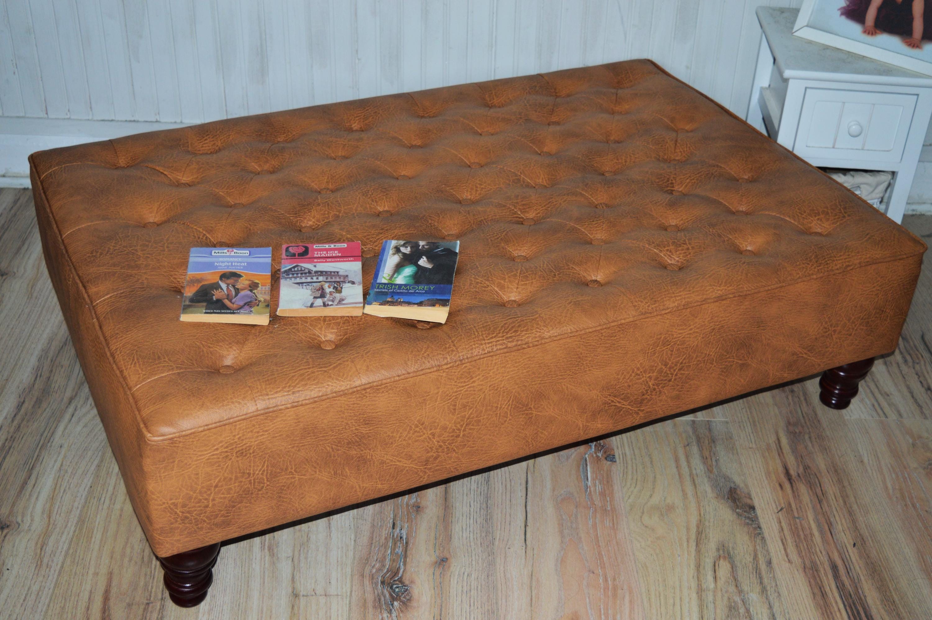 Chesterfield Extra Large Top Stitch Design Buttoned Footstool in Premium Tan Faux Leather With Mahogany Turned Hardwood Legs