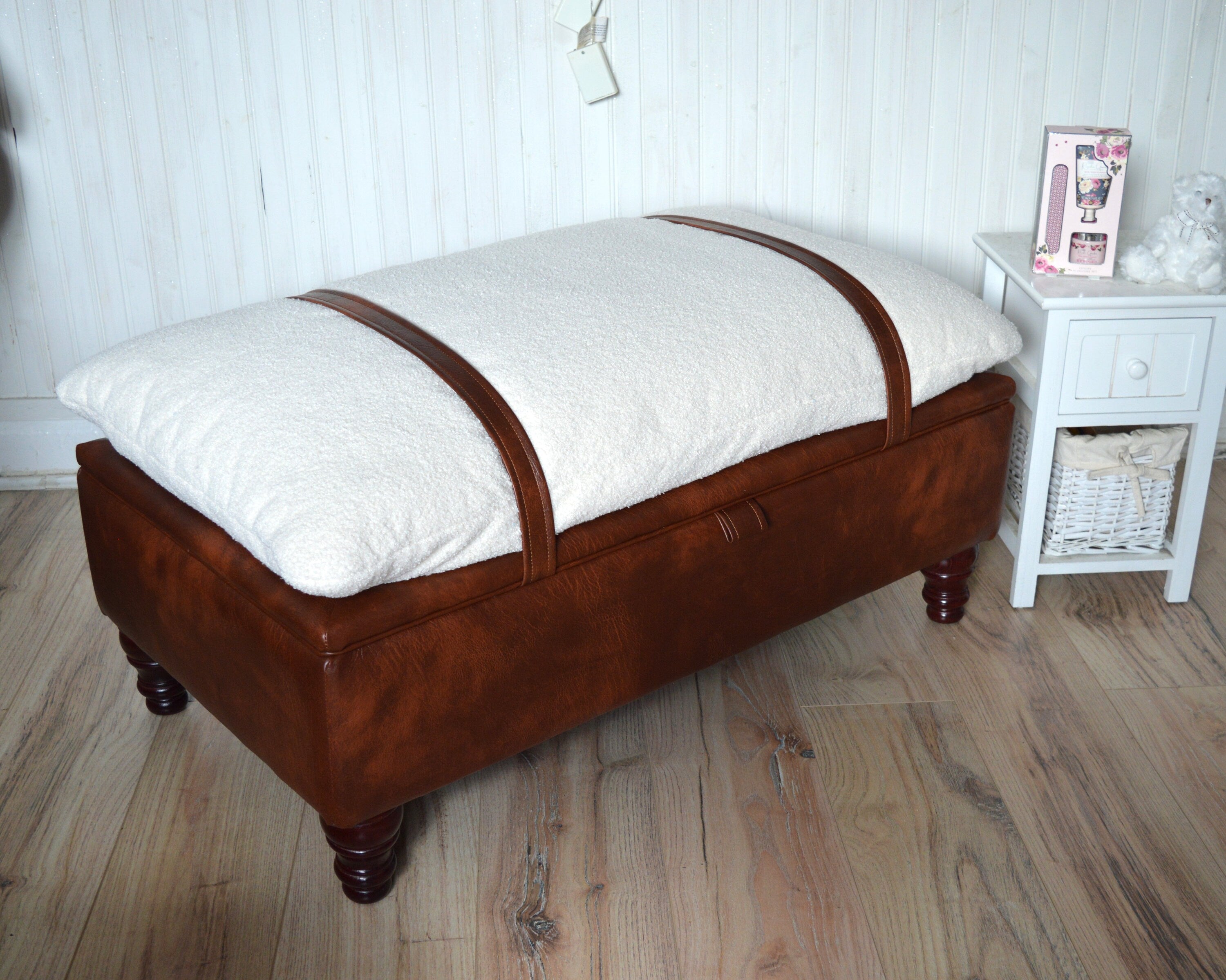 Mayfair Ottoman Footstool With Storage in Ivory Boucle Fabric With Chestnut Faux Leather Base