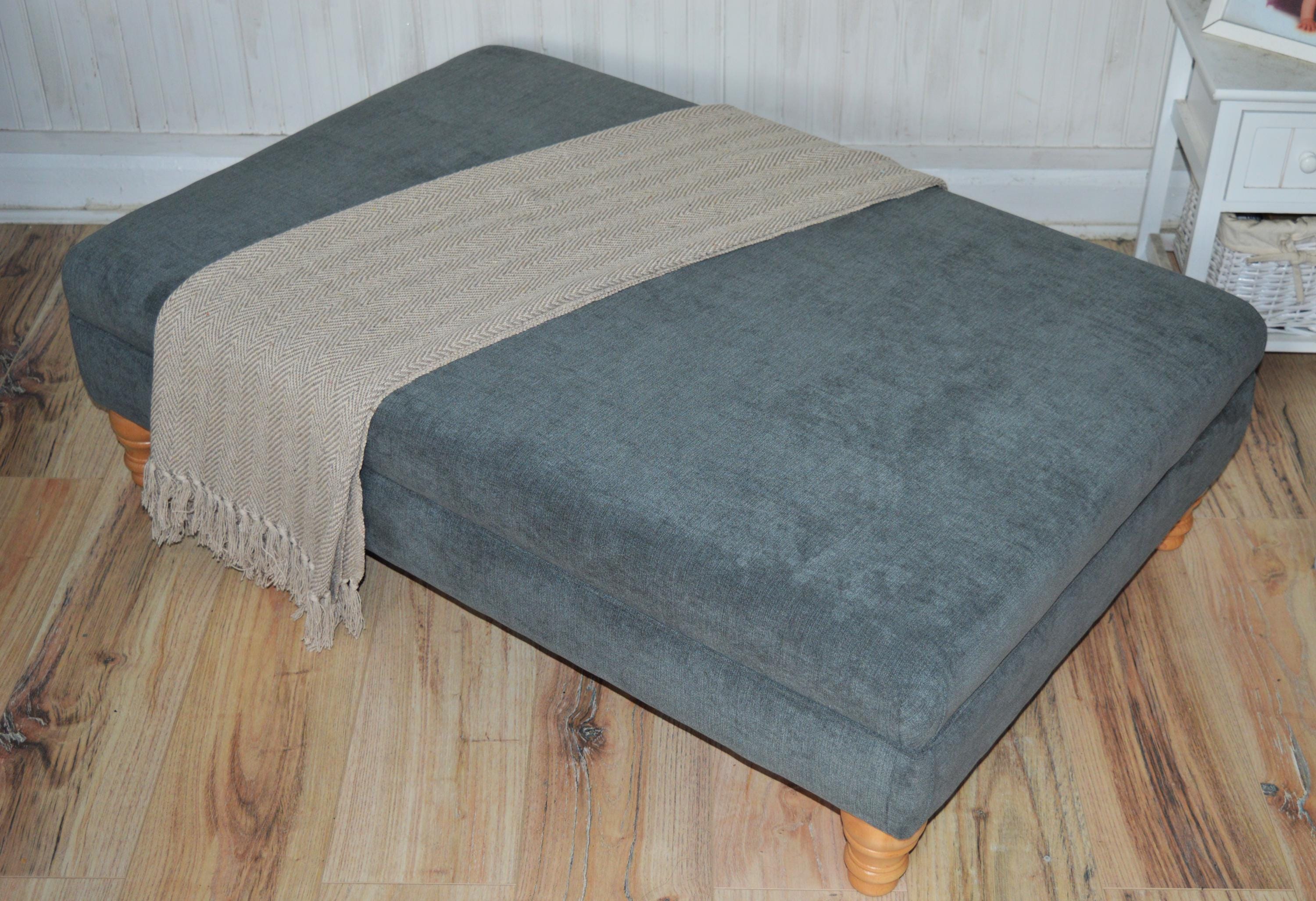 Extra Large Flat Top Footstool With Piping Detail  in Grey Velvet With Oak Turned Hard Wood Legs