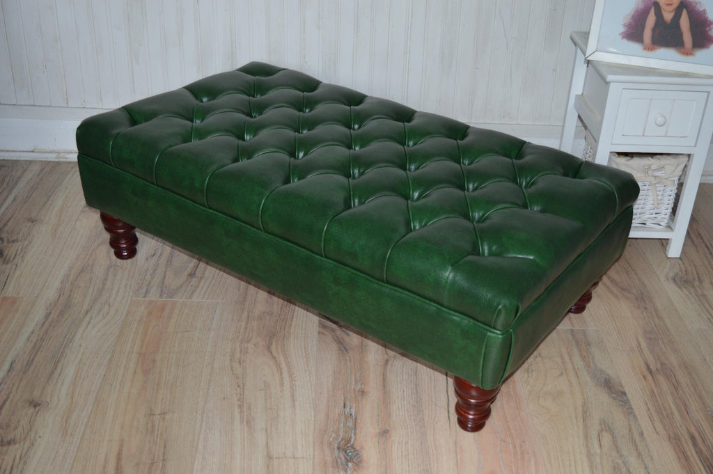 Chesterfield Style Deep Buttoned Footstool in Premium Green Faux Leather With Turned Mahogany Hardwood Legs