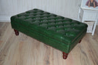Chesterfield Style Deep Buttoned Footstool in Premium Green Faux Leather With Turned Mahogany Hardwood Legs