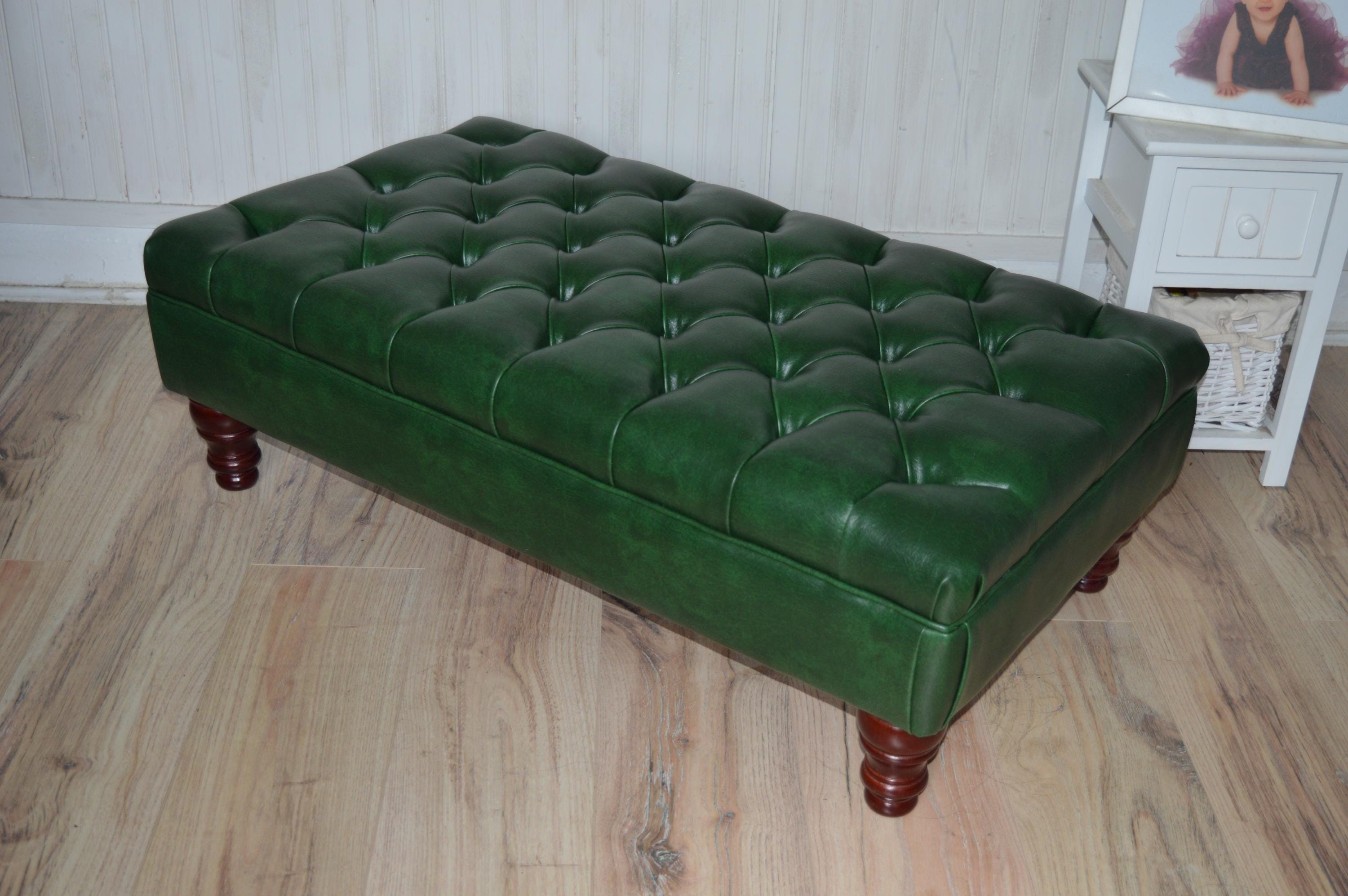 Chesterfield Style Deep Buttoned Footstool in Premium Green Faux Leather With Turned Mahogany Hardwood Legs