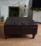 Extra Large Storage Square Chesterfield Deep Buttoned Footstool in Premium Dark Brown Faux Leather
