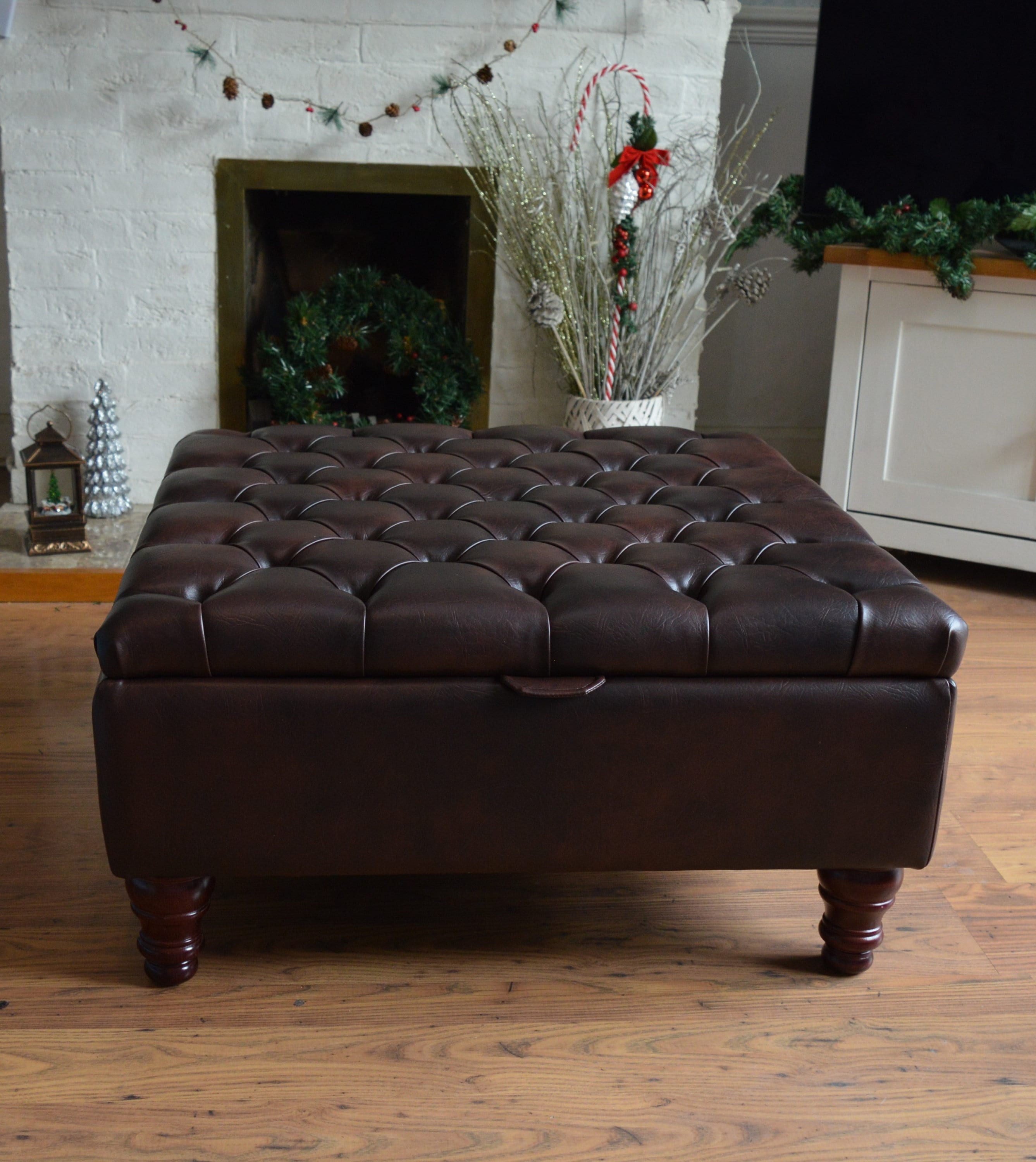 Extra Large Storage Square Chesterfield Deep Buttoned Footstool in Premium Dark Brown Faux Leather