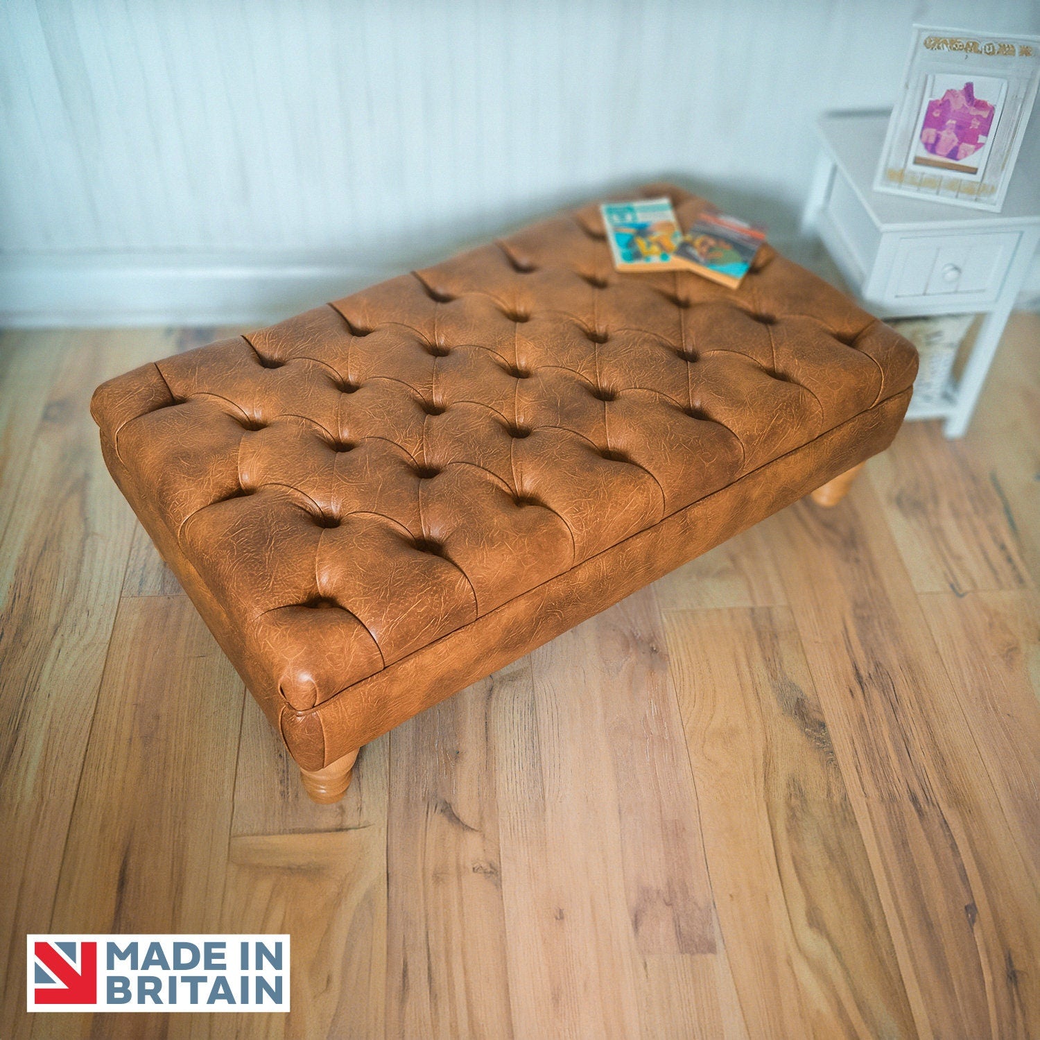 Handmade Faux Leather Chesterfield Footstool – Multifunctional Ottoman/Coffee Table/Footrest - Easy Clean Surface