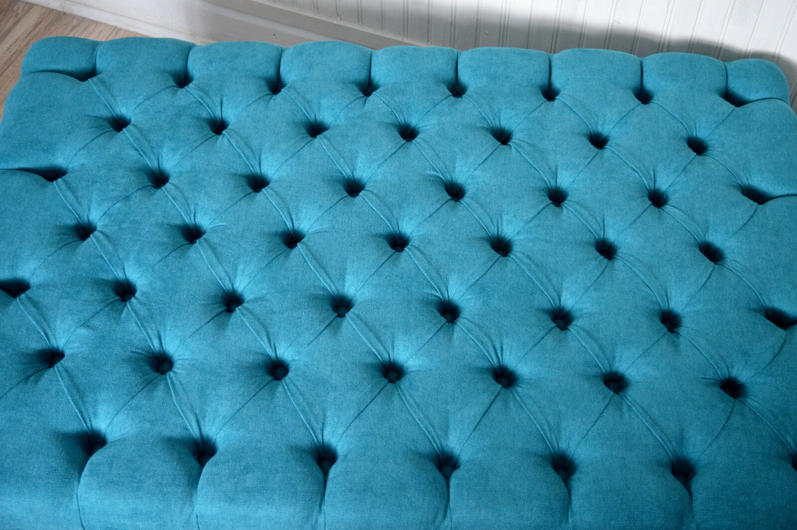 Chesterfield Extra Large Deep Buttoned Footstool in Rachael Teal With Turned Hardwood Legs