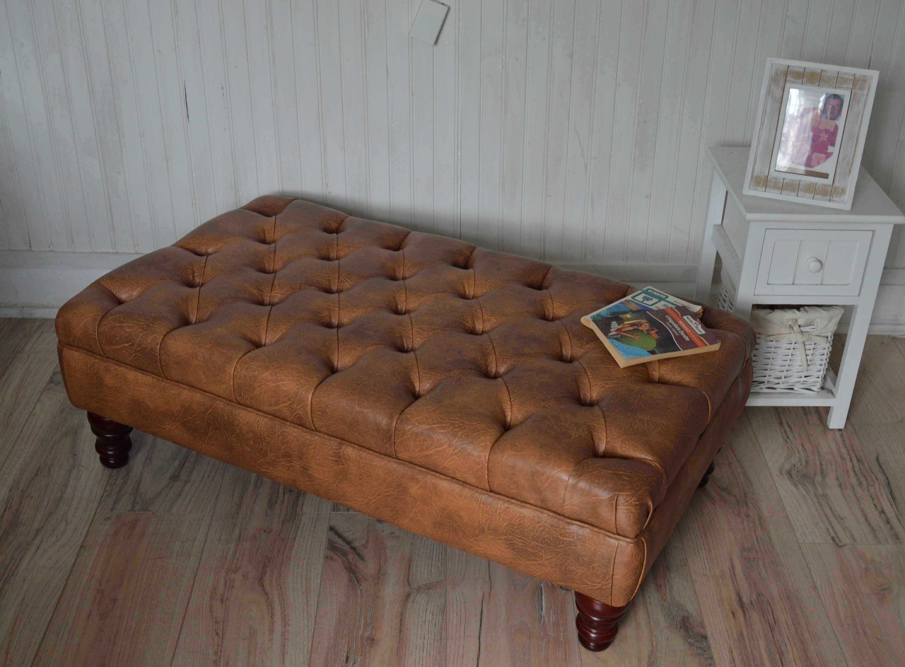Handmade Faux Leather Tan Chesterfield Footstool – Ottoman – Coffee Table – Footrest – Mahogany Turned Hardwood Legs