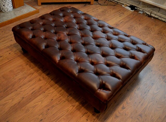 Chesterfield Extra Large Deep Buttoned Footstool in Premium Chestnut Faux Leather With Mahogany Turned Hardwood Legs