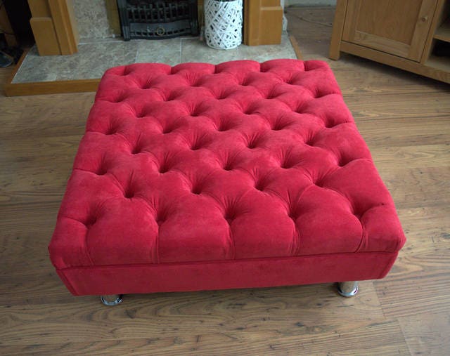Square Chesterfield Style Deep Buttoned Footstool in Casino Crush Red Fabric With Chrome  Legs