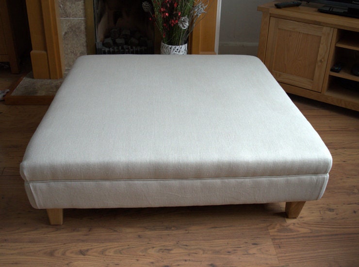Extra Large Flat Top Footstool in 100% Danila White Sand  linen With Oak Legs Size is 100CM X 100CM