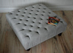 Square Chesterfield Style Deep Buttoned Footstool in Casino Silver Fabric With Turned Hard Wood Legs