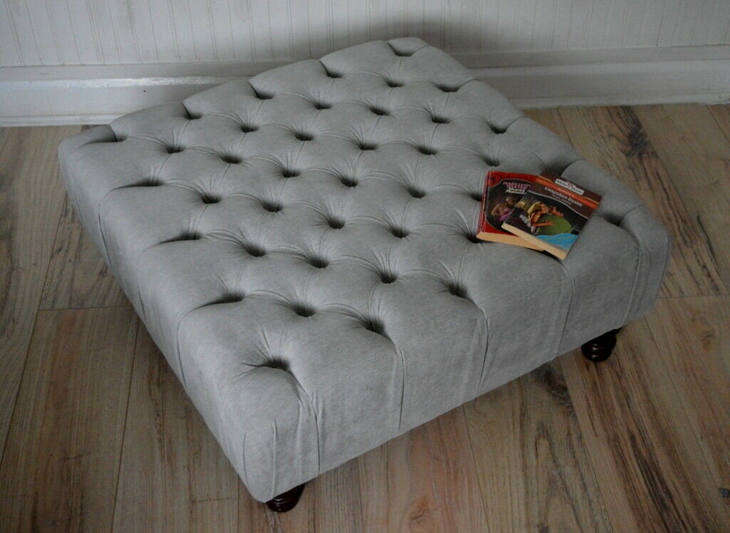 Square Chesterfield Style Deep Buttoned Footstool in Casino Silver Fabric With Turned Hard Wood Legs