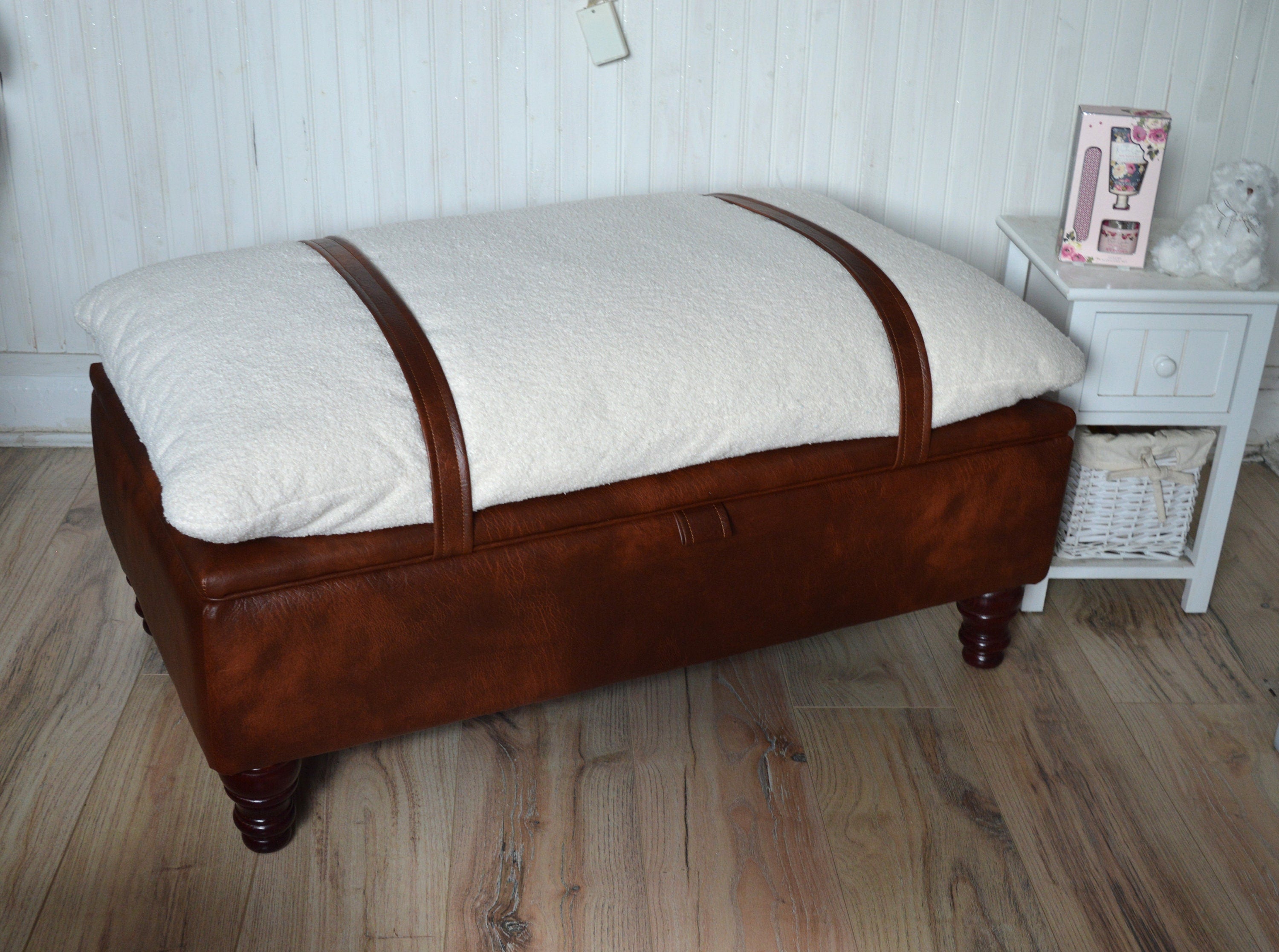 Mayfair Ottoman Footstool With Storage in Ivory Boucle Fabric With Chestnut Faux Leather Base