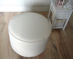 Circular round footstool upholstered in Ivory Boucle Fabric With Natural Hardwood  Legs