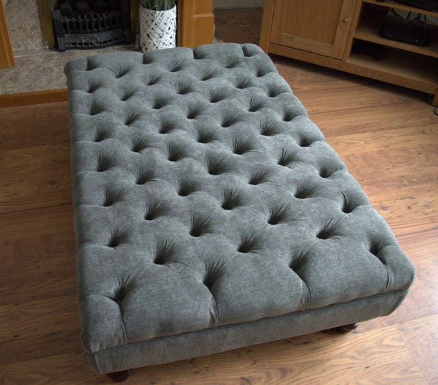 Chesterfield Extra Large Deep Buttoned Footstool in Casino Dark grey With Turned Hardwood Legs