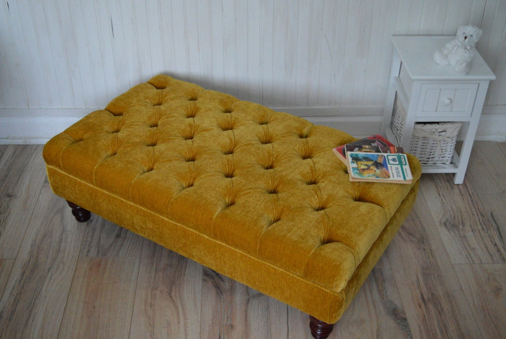 Chesterfield Deep Buttoned Footstool in a Plush Turmeric Velvet With Mahogany Turned Hard Wood Legs