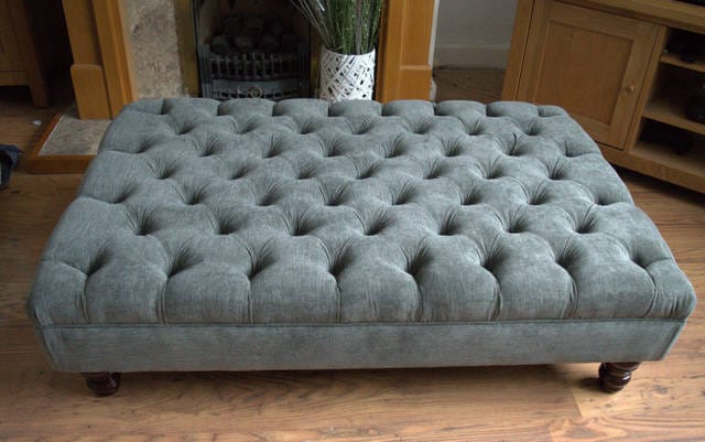 Chesterfield Extra Large Deep Buttoned Footstool in Casino Dark grey With Turned Hardwood Legs