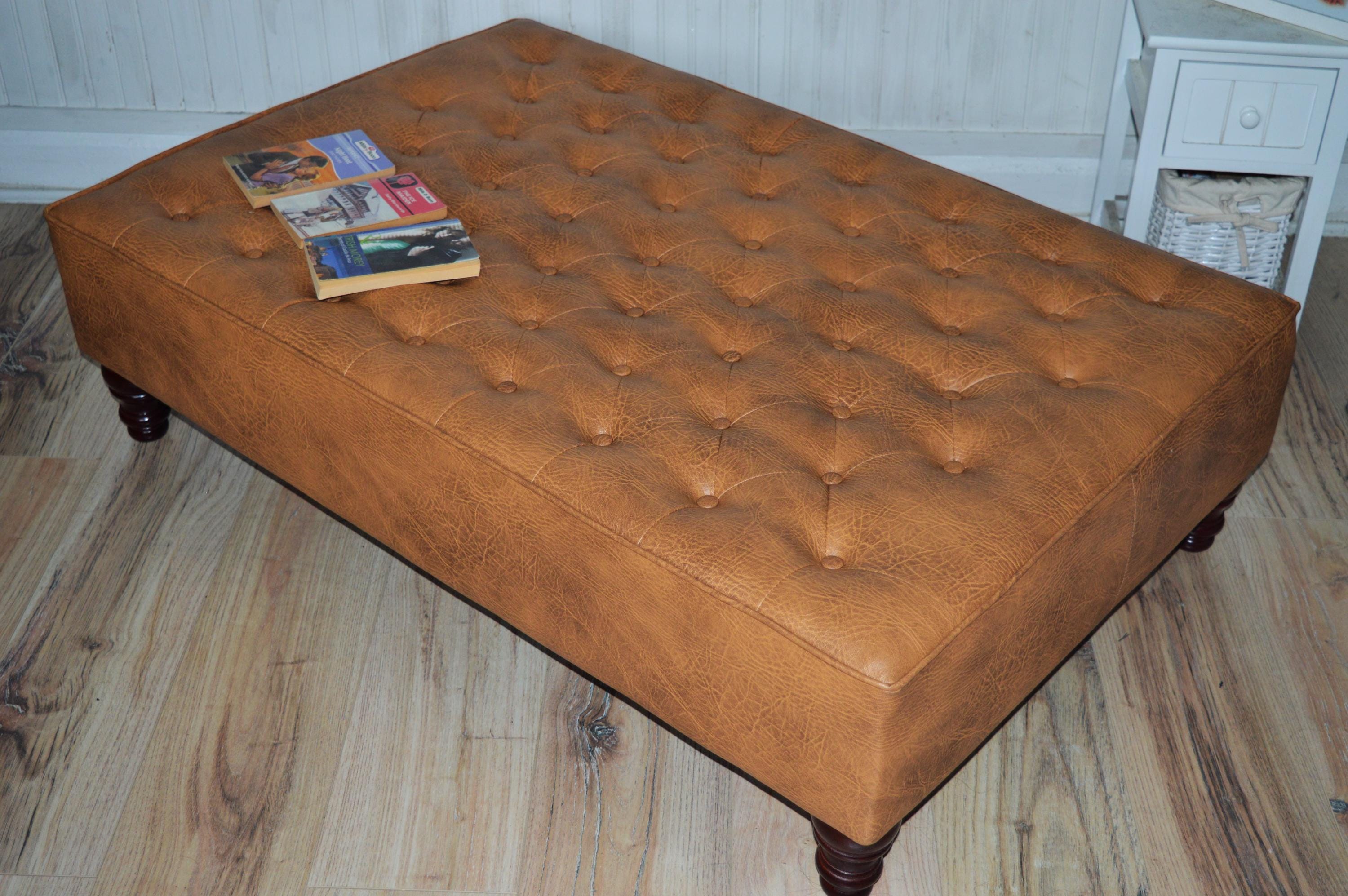 Chesterfield Extra Large Top Stitch Design Buttoned Footstool in Premium Tan Faux Leather With Mahogany Turned Hardwood Legs