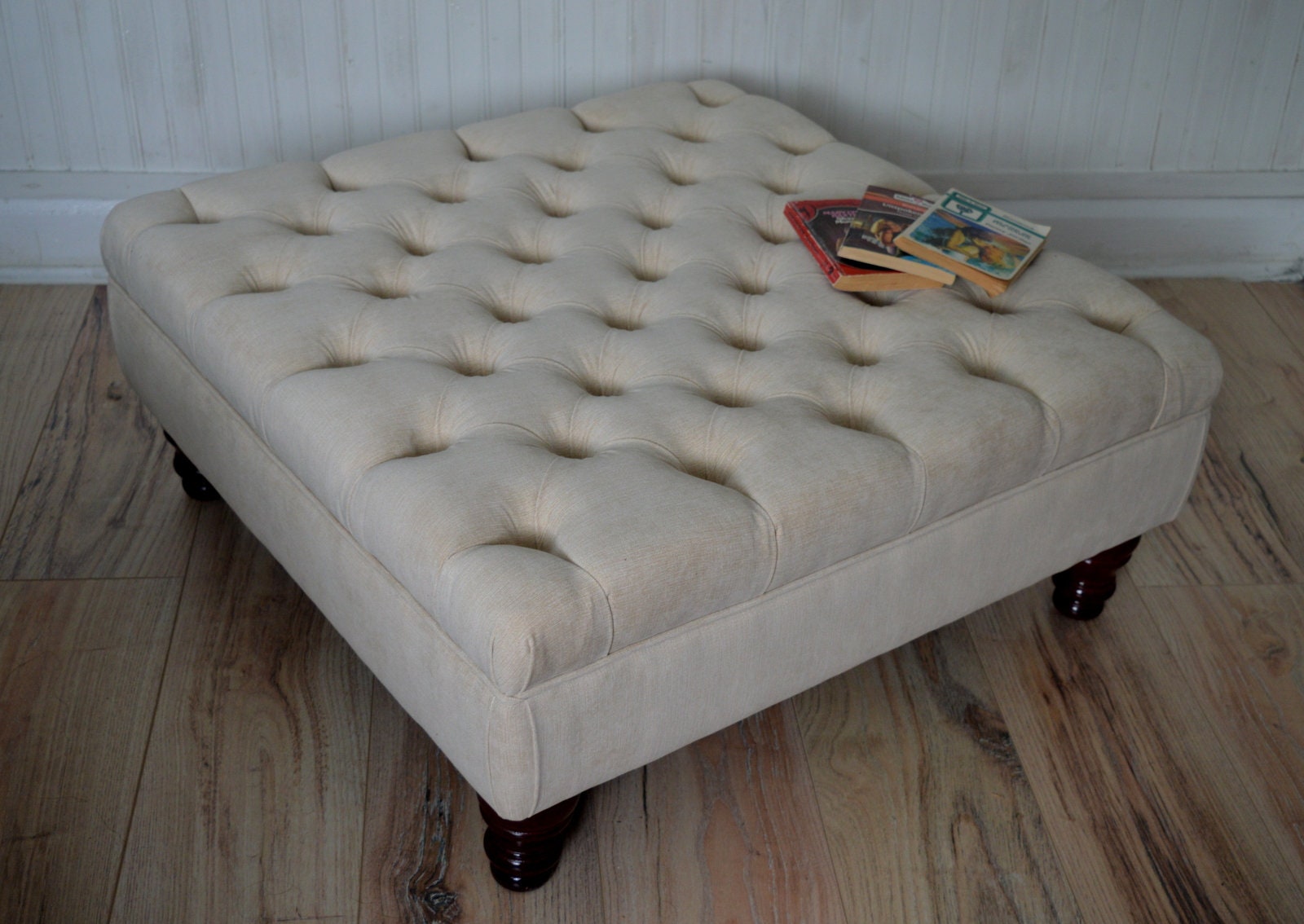Square Chesterfield Style Deep Buttoned Footstool in Casino Beige  Fabric With Turned Hard Wood Legs