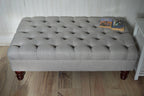 Chesterfield  Deep Buttoned Footstool in Grey Linen Fabric With Mahogany Turned Hardwood Legs