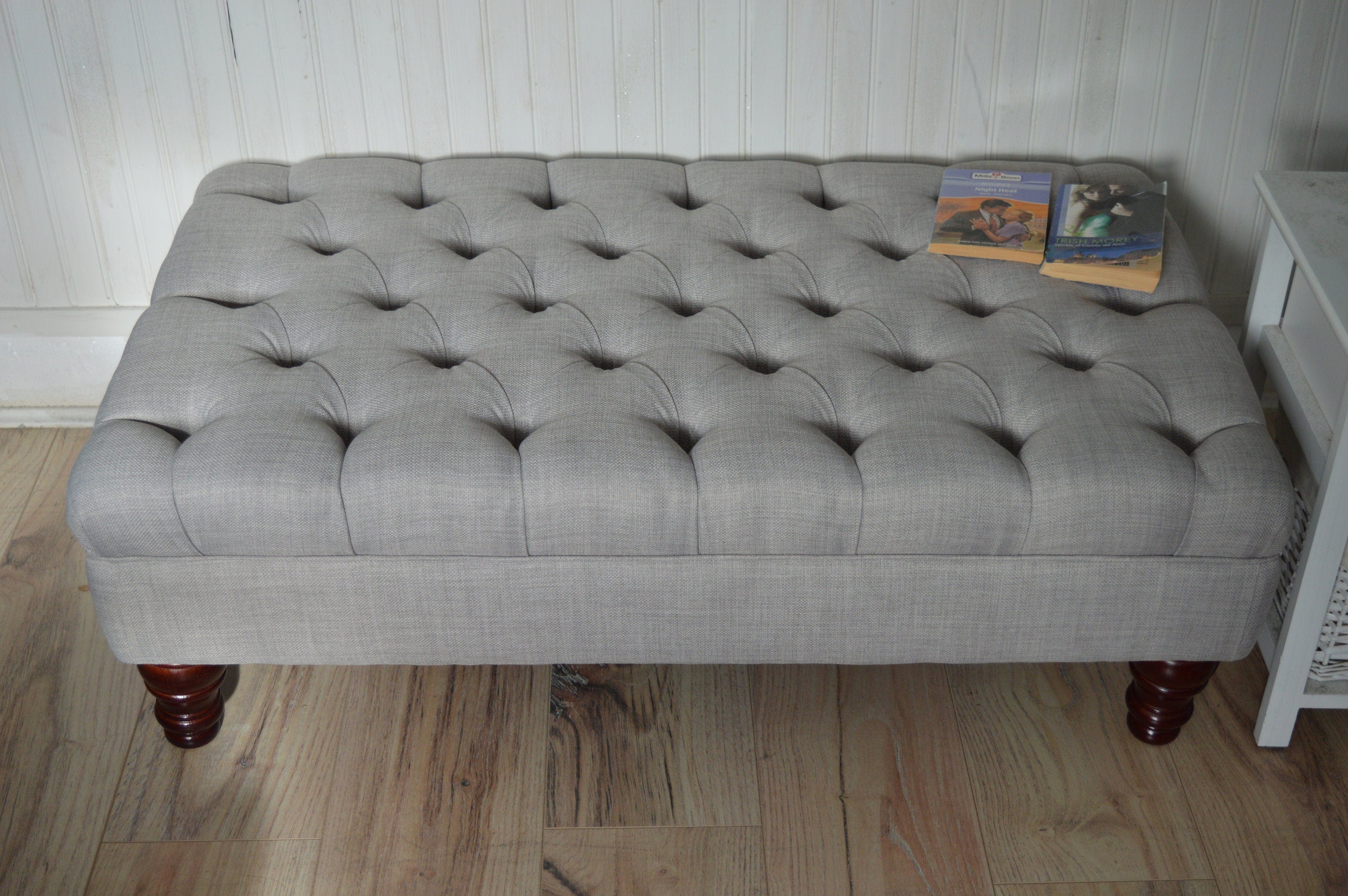 Chesterfield  Deep Buttoned Footstool in Grey Linen Fabric With Mahogany Turned Hardwood Legs