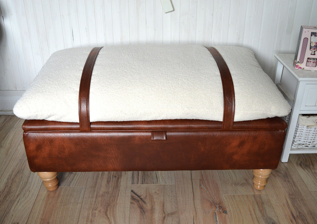 Mayfair Ottoman Footstool With Storage in Ivory Boucle Fabric With A Chestnut Faux Leather Base And Oak Turned Hardwood Legs