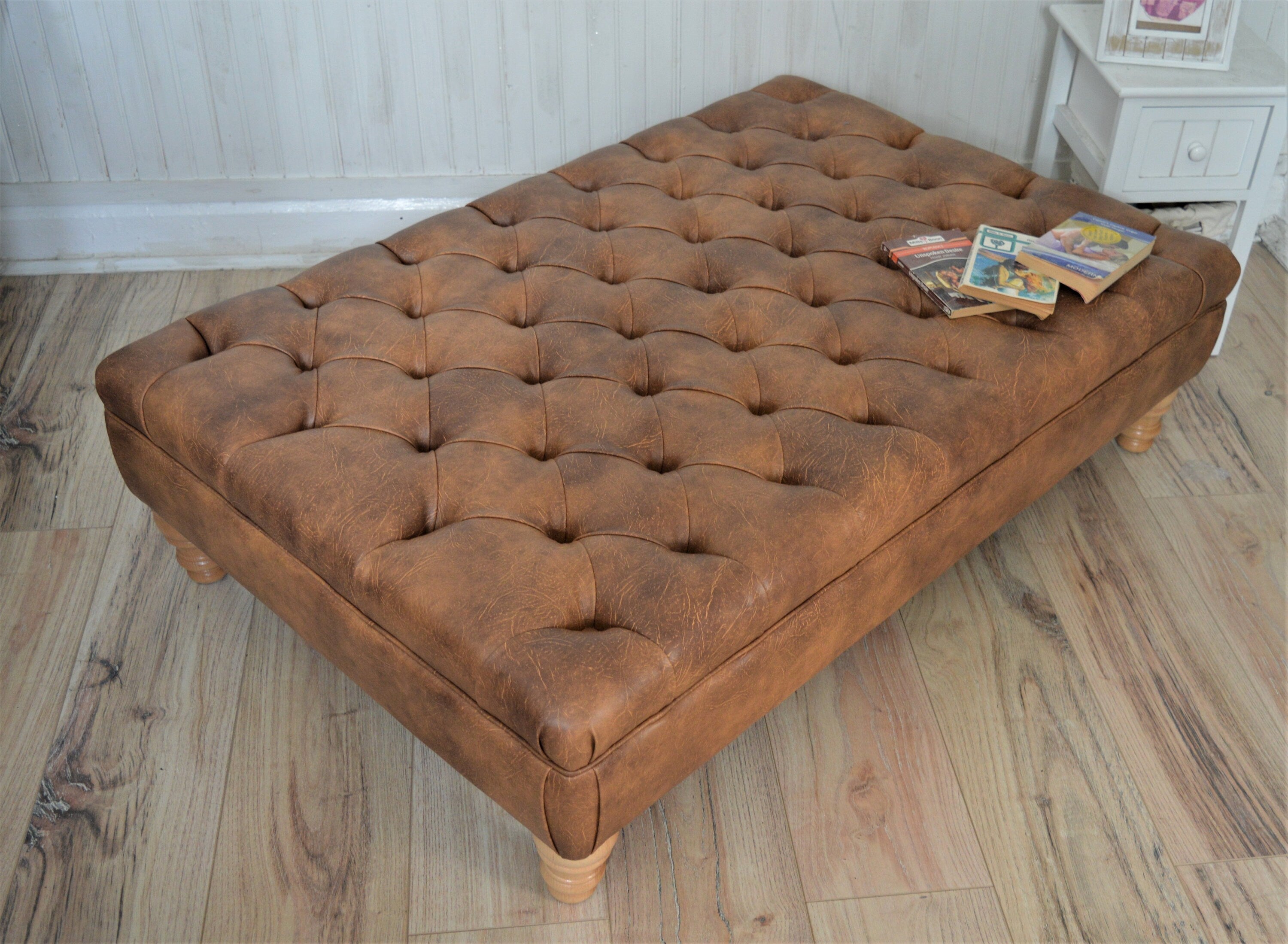 Chesterfield Extra Large Deep Buttoned Footstool in Premium Tan Faux Leather With Oak Turned Hardwood Legs