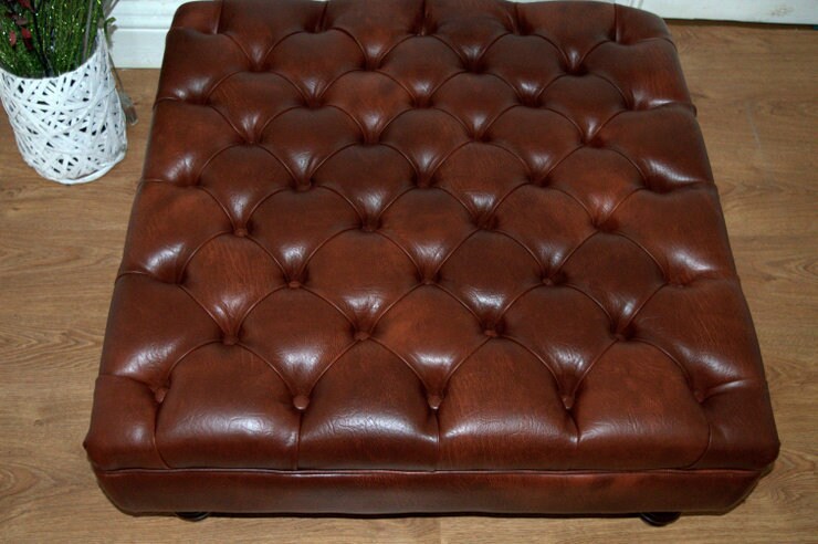 Square Chesterfield Style Deep Buttoned Footstool in Premium Chestnut Faux Leather With Turned Hardwood Legs