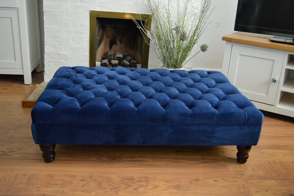 Chesterfield Extra Large Deep Buttoned Footstool in Royal Blue Velvet  With Turned Hardwood Legs