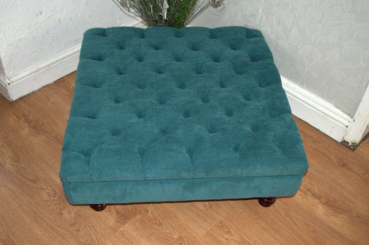 Square Chesterfield Style Deep Buttoned Footstool in Casino Crush Teal Fabric With Turned Hard Wood Legs