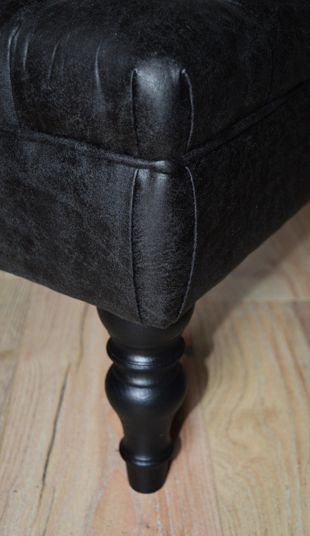 Handmade Antique Black Faux Suede  Chesterfield Footstool  Coffee Table – Footrest – Black Hand Painted Turned Hardwood Legs