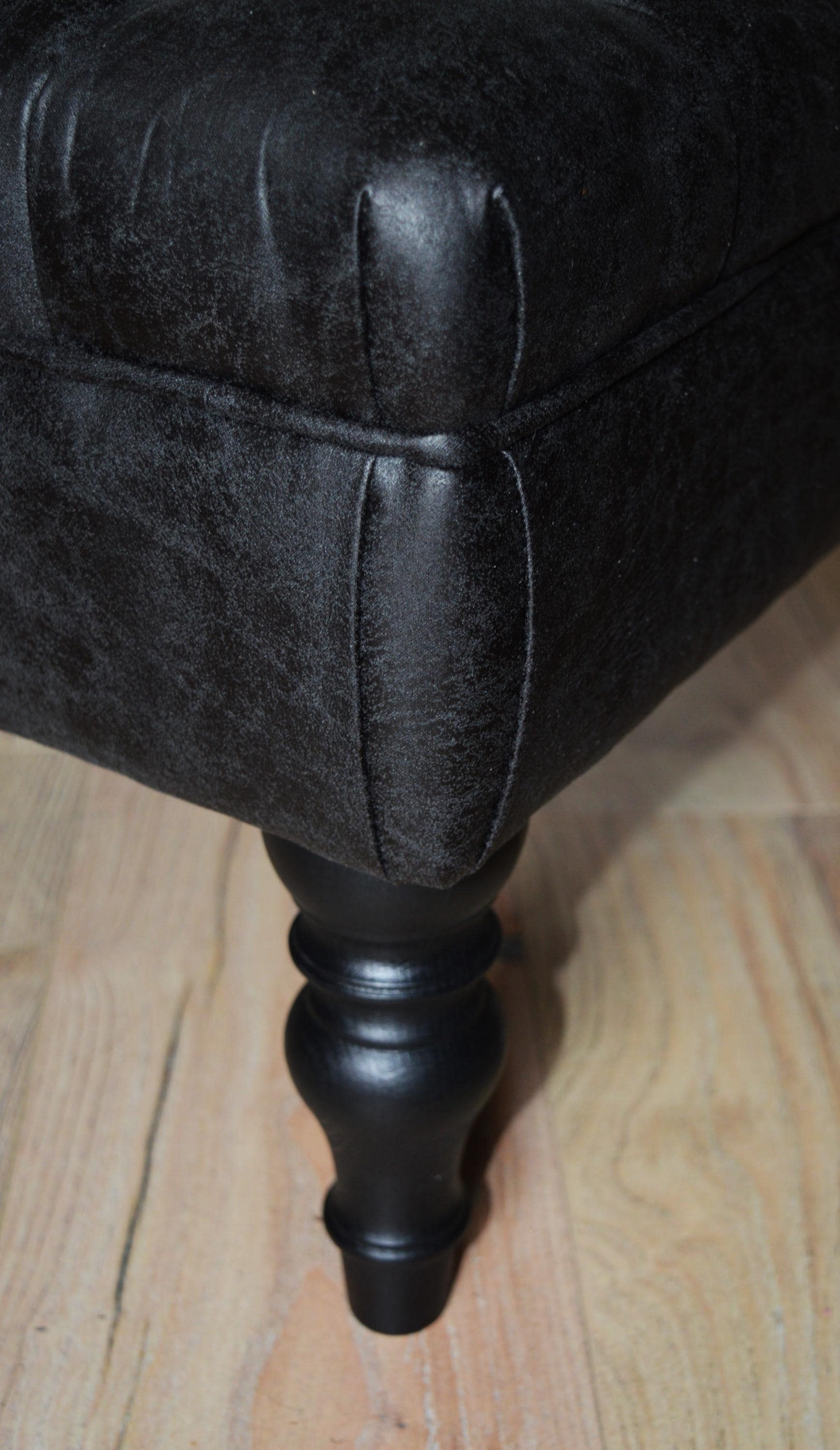 Handmade Antique Black Faux Suede  Chesterfield Footstool  Coffee Table – Footrest – Black Hand Painted Turned Hardwood Legs