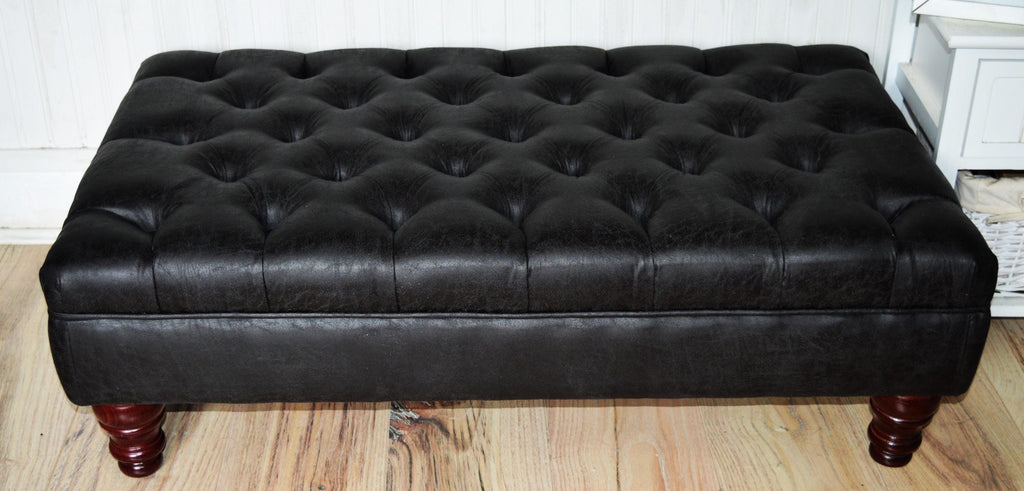 Handmade Antique Black Faux Suede  Chesterfield Footstool  Coffee Table – Footrest – Mahogany Turned Hardwood Legs