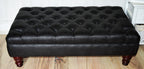 Handmade Antique Black Faux Suede  Chesterfield Footstool  Coffee Table – Footrest – Mahogany Turned Hardwood Legs