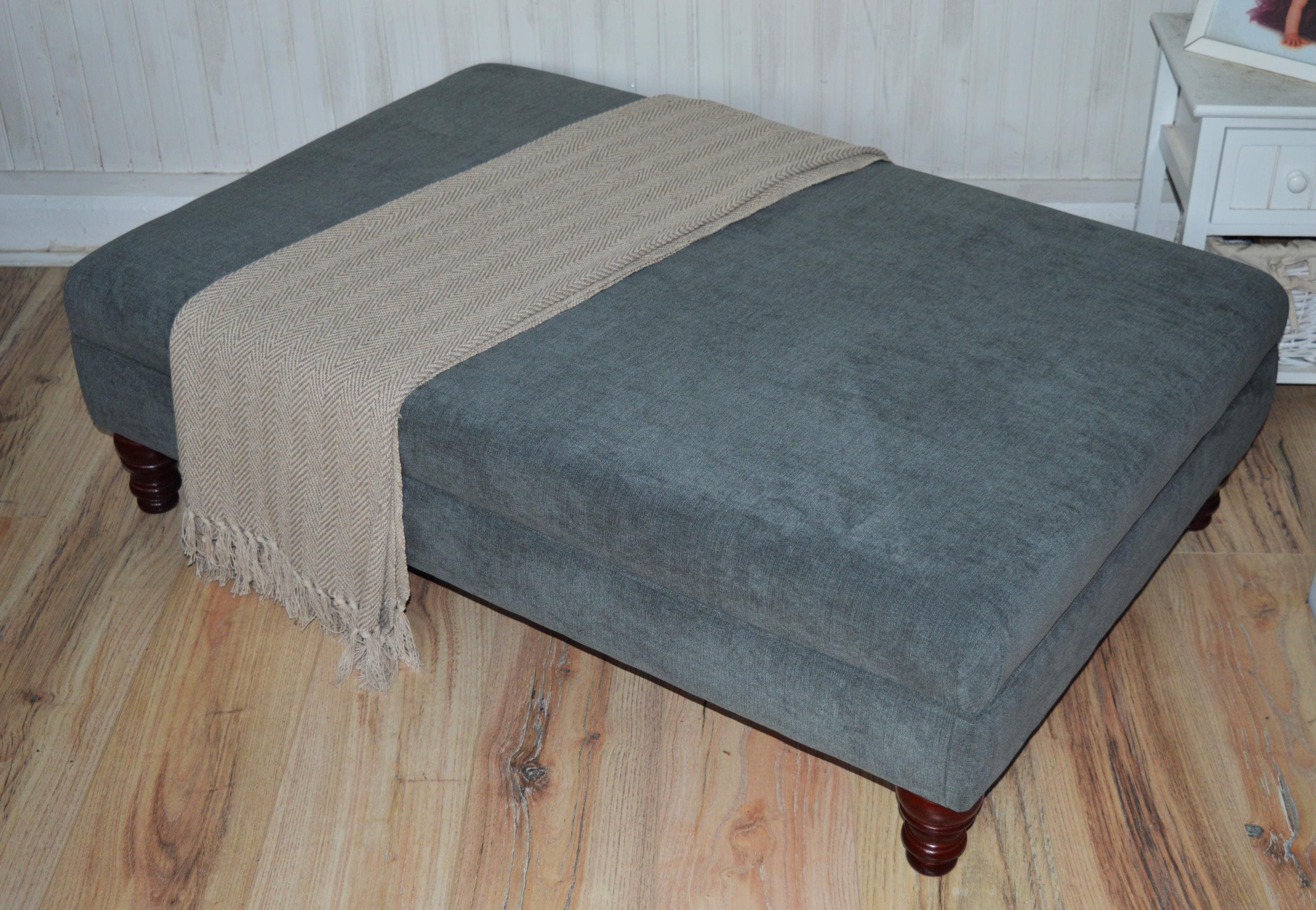 Extra Large Size Flat Top Footstool With Piping Detail  in Grey Velvet With Mahogany Turned Hard Wood Legs