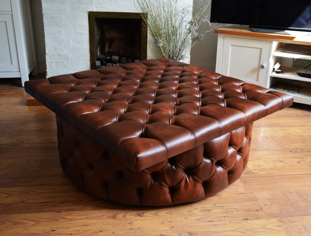 Extra Large  Square Chesterfield Style Footstool With Drum Button Base in Premium Chestnut Faux Leather