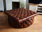 Extra Large  Square Chesterfield Style Footstool With Drum Button Base in Premium Chestnut Faux Leather