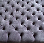 Square Chesterfield Style Deep Buttoned Footstool in Casino Plum Fabric With Turned Hard Wood Legs