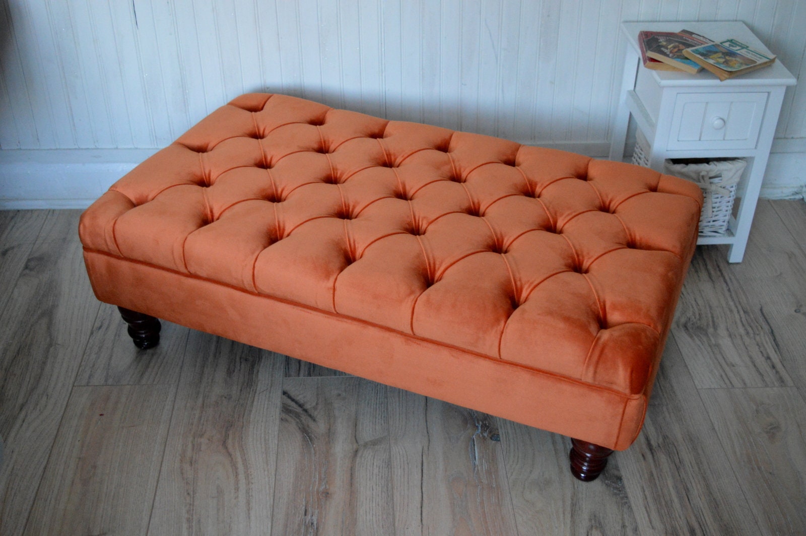Chesterfield Deep Buttoned Footstool in Orange Velvet With Mahogany Turned Hard Wood Legs