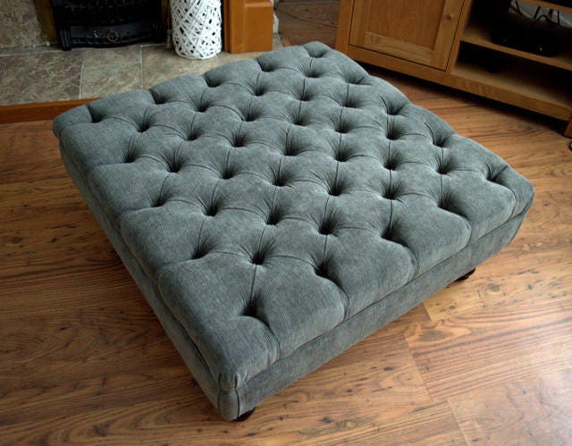 Square Chesterfield Style Deep Buttoned Footstool in Casino Crush Charcoal Grey  Fabric With Turned Hard Wood Legs