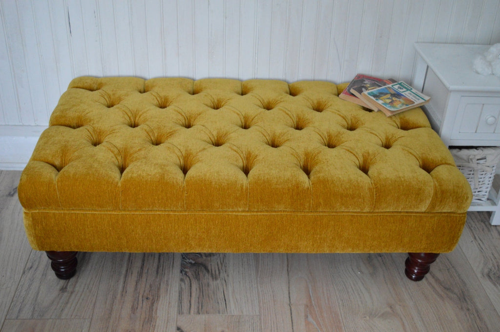 Chesterfield Deep Buttoned Footstool in a Plush Turmeric Velvet With Mahogany Turned Hard Wood Legs