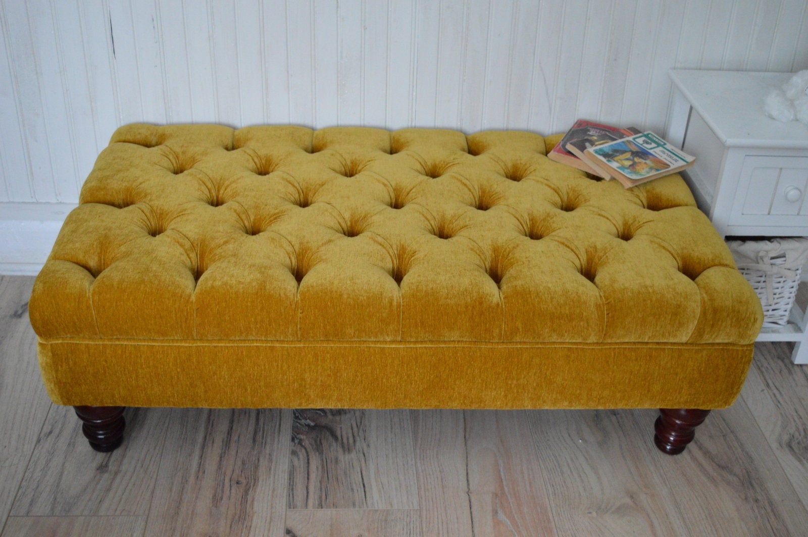 Chesterfield Deep Buttoned Footstool in a Plush Turmeric Velvet With Mahogany Turned Hard Wood Legs